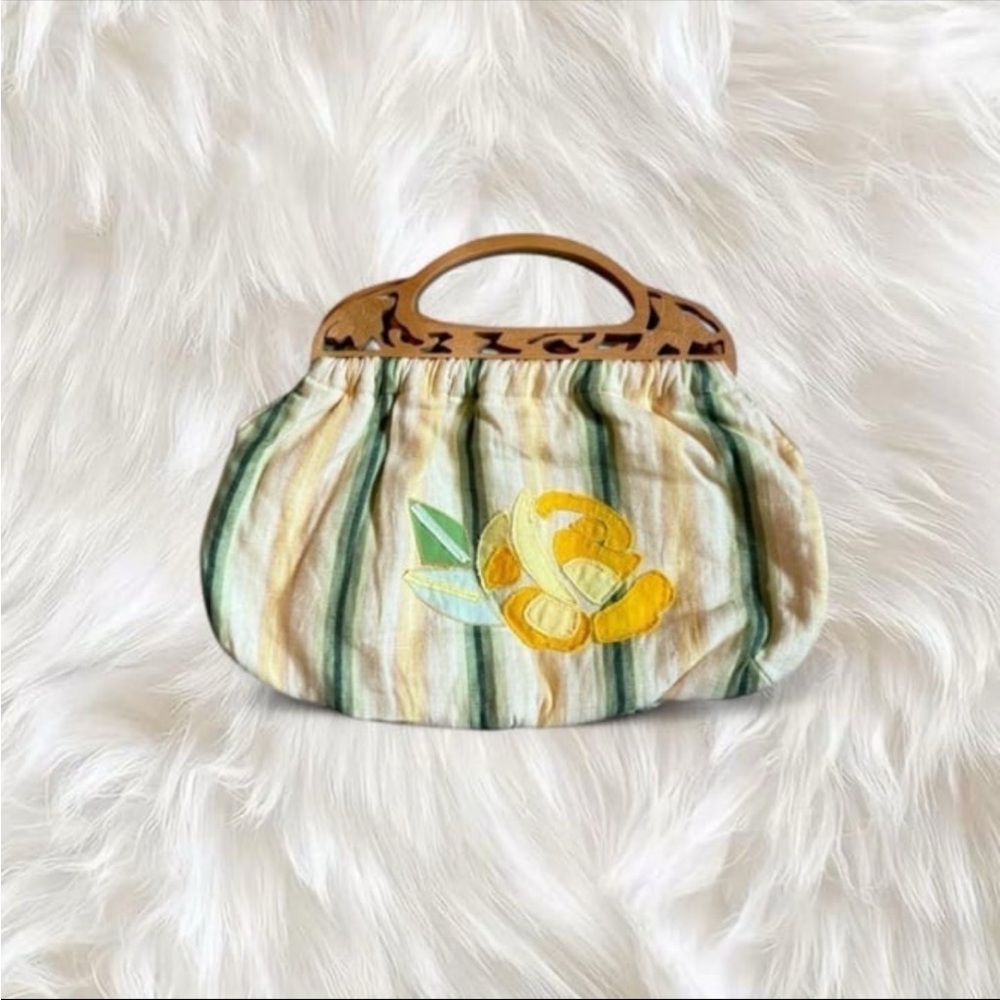 Banana Republic Yellow/Green Striped Flower Detail Purse